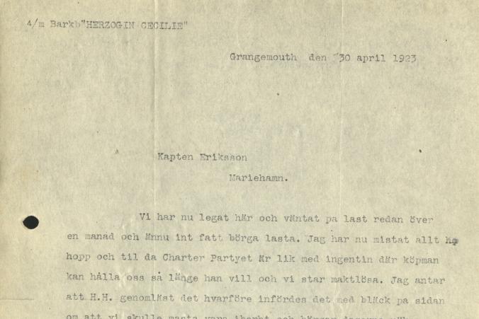 A letter from Captain de Cloux to Gustaf Erikson on April 30, 1923. P. 1/2.
