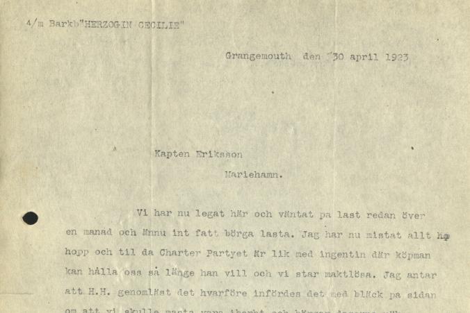 Brev från Herzogin Cecilies kapten Ruben de Cloux till Gustaf Erikson den 30.4.1923, s. 1/2.