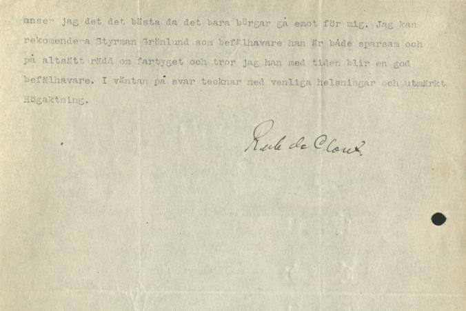 Brev från Herzogin Cecilies kapten Ruben de Cloux till Gustaf Erikson den 30.4.1923, s. 2/2.