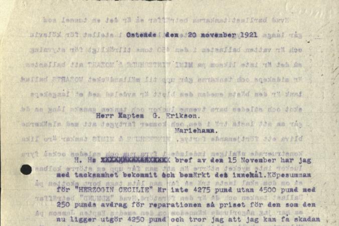 Kapten Ruben de Cloux rekommenderade anskaffandet av Herzogin Cecilie till G. Erikson i ett brev daterat den 20.11.1921, s. 1/2