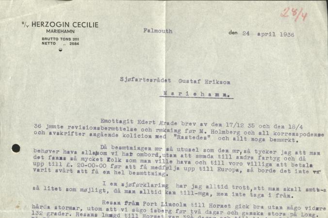 Kapten Eriksson beskriver den snabba resan på 86 dagar från Port Lincoln till Falmouth i sitt brev den 24.4.1936.