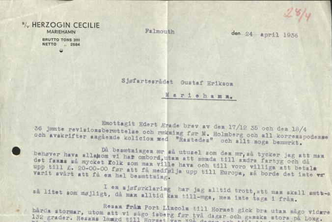 Captain Eriksson describes the swift journey of 86 days from Port Lincoln to Falmouth in his letter on April 24, 1936.