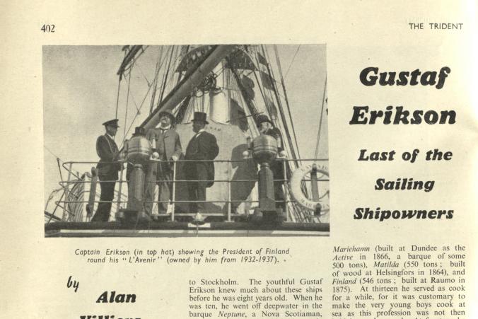 Nekrolog om Gustaf Erikson i tidskriften "The Trident", vol. 9, nr. 102, oktober 1947, s. 1/4.