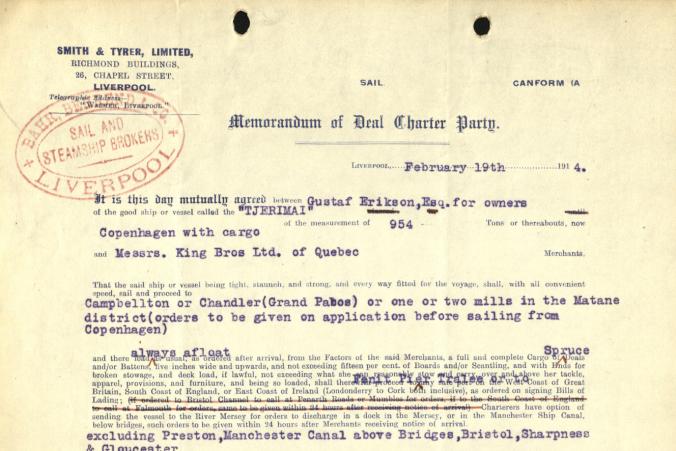 Certeparti mellan Gustaf Erikson och Messrs. King Bros Ltd. of Quebec över befraktning av timmer den 19.2.1914.