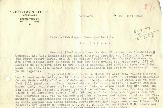 Den 19.6.1936 bogserades Herzogin Cecilie till Starhole Bay. Kapten Eriksson skriver om insatserna för att rädda lasten.