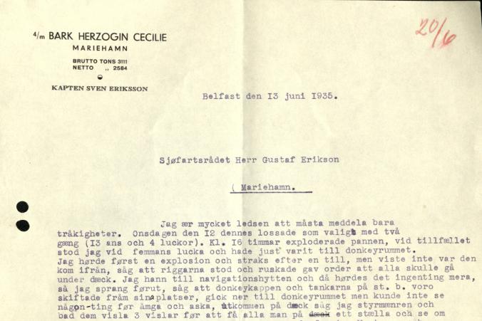 Brev från kapten Sven Eriksson. Herzogin Cecilies ångpanna exploderade den 12.6.1935, och två besättningsmän omkom. s. 1/2