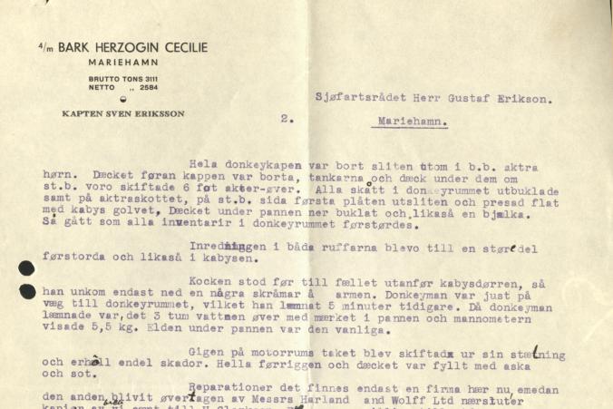 Kapten Erikssons redogörelse över skadorna den 12.6.1935 fortsätter, s. 2/2.