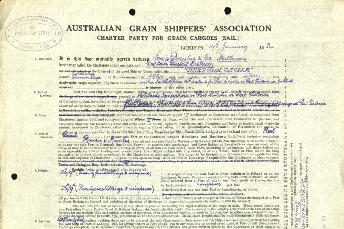 A charterparty for chartering wheat on Herzogin Cecilie, dated January 19, 1934.