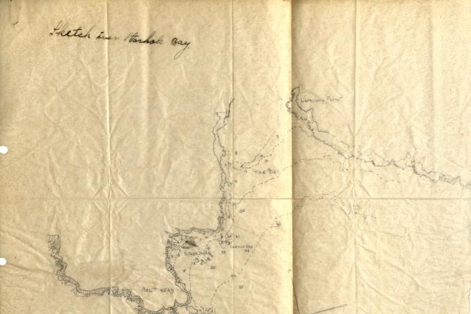 Kapten Erikssons skiss över Starhole Bay dit Herzogin Cecilie bogserades i juni 1936 och slutligen sjönk.