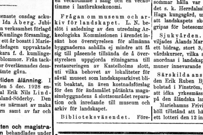 Artikel i Tidningen Åland den 26.1.1929.