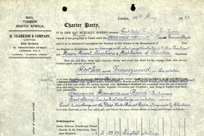 A charterparty for chartering timber on Herzogin Cecilie, dated May 12, 1933.