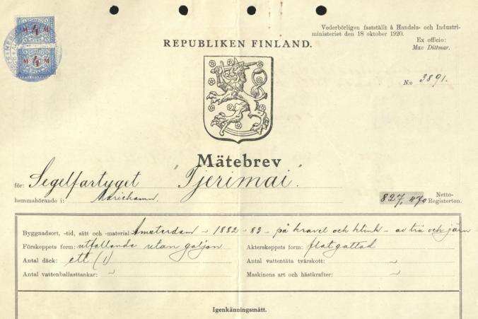 Measurement certificate for Tjerimai, dated October 18, 1921.