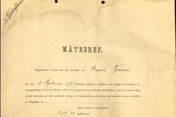 Measurement certificate for Tjerimai, dated September 23, 1899. p. 1/2.