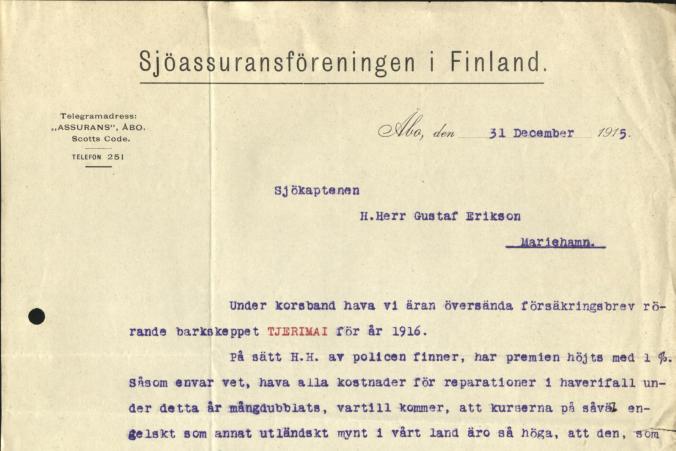Brev från Sjöassuransföreningen i Finland till Gustaf Erikson daterad den 31.12.1915, s. 1/2.