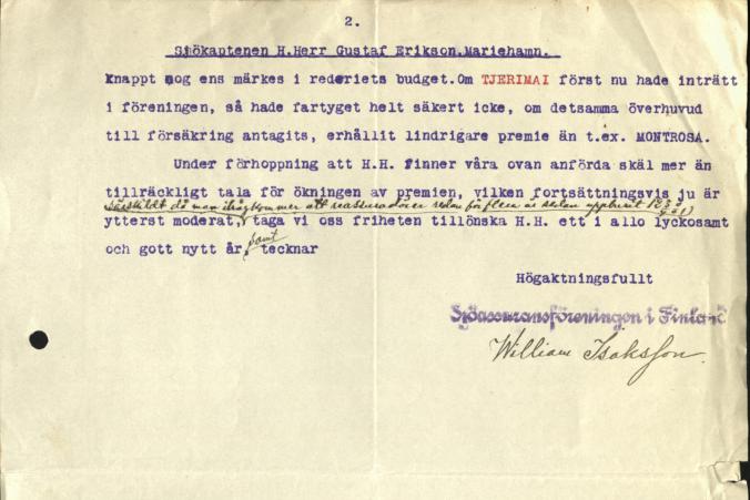 Brev från Sjöassuransföreningen i Finland till Gustaf Erikson daterad den 31.12.1915, s. 2/2.