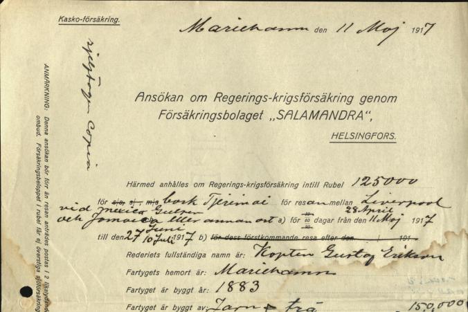 Ansökan om Regerings-krigsförsäkring genom Försäkringsbolaget "Salamandra" den 11.5.1917.